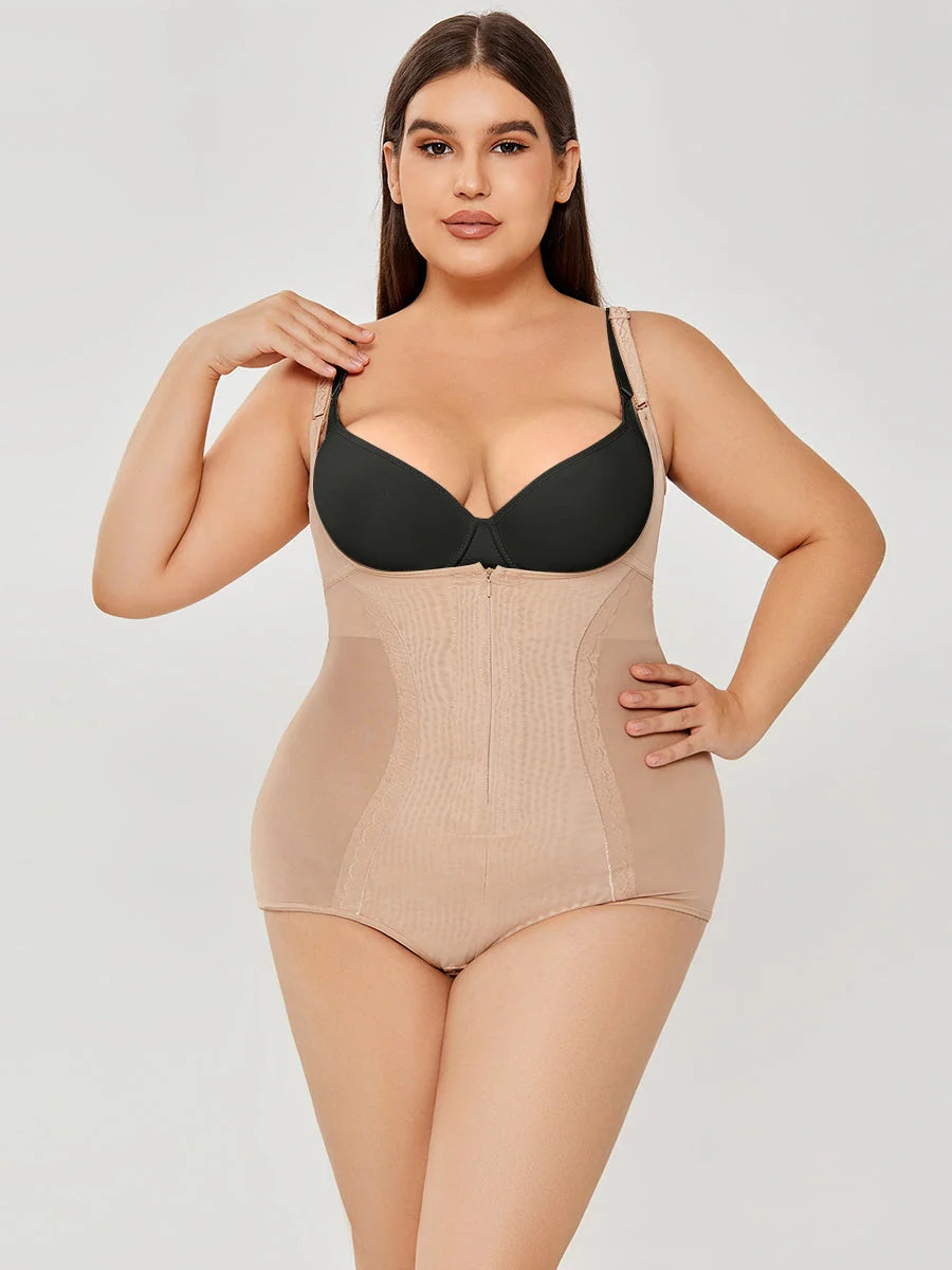 Women's shapewear bodysuit for tummy control and slimming effect in black and apricot