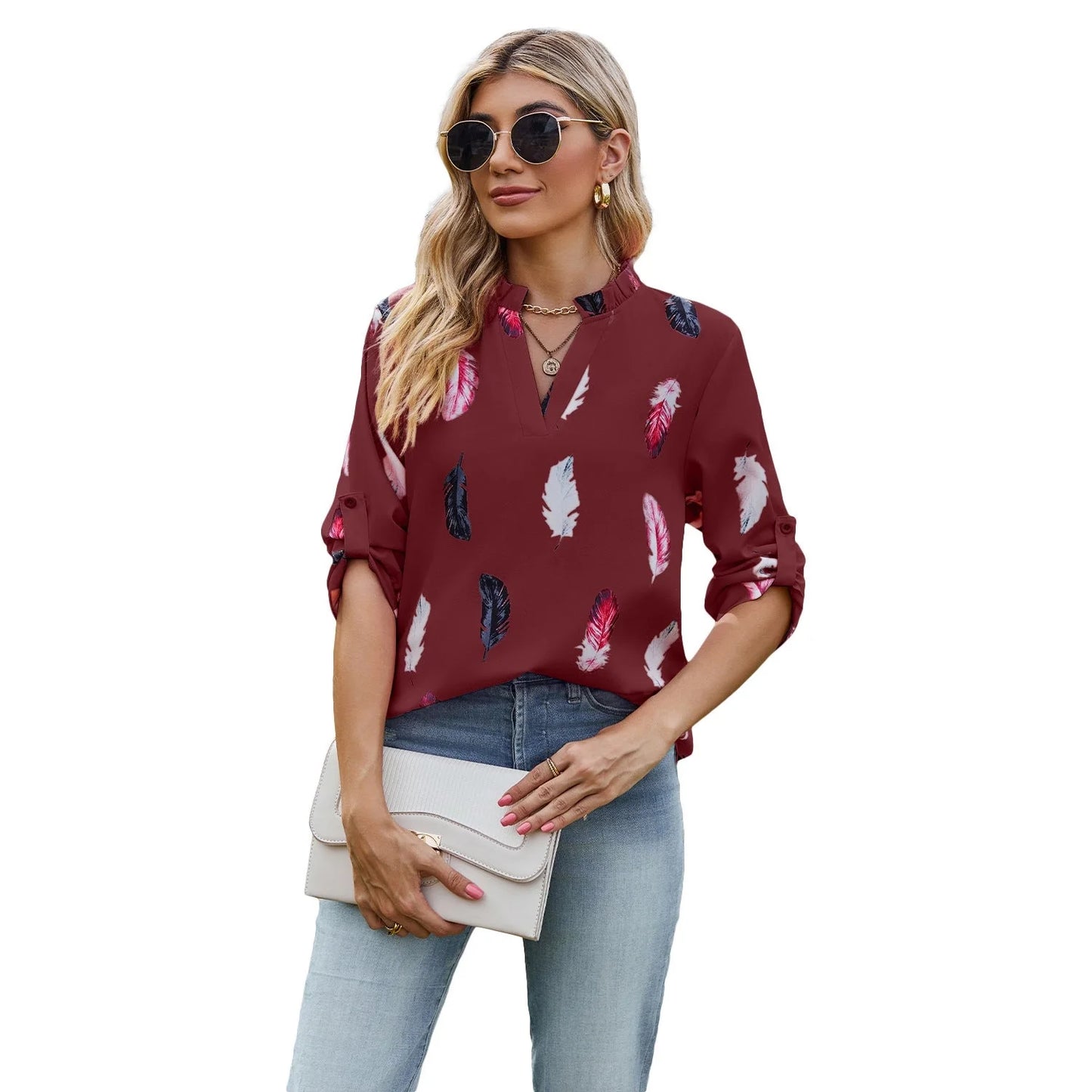 V-neck feather printed loose shirt in various colours, showcasing unique design and comfortable fit