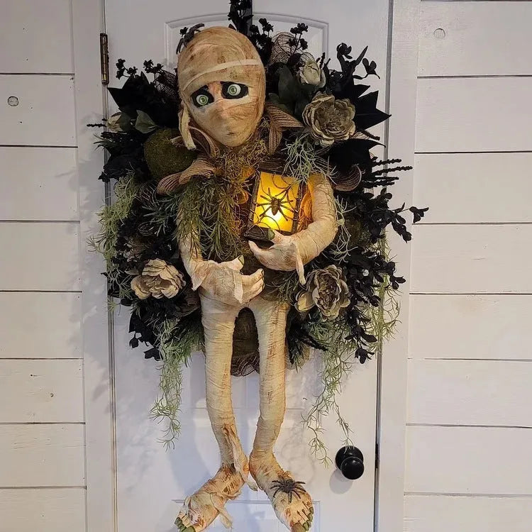 Realistic mummy Halloween wreath with skeleton hands, 46cm three dimensional handmade plastic decoration on door