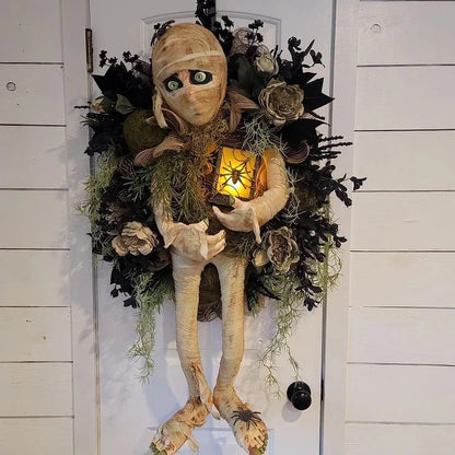 Realistic mummy and skeleton hands Halloween wreath for door decoration