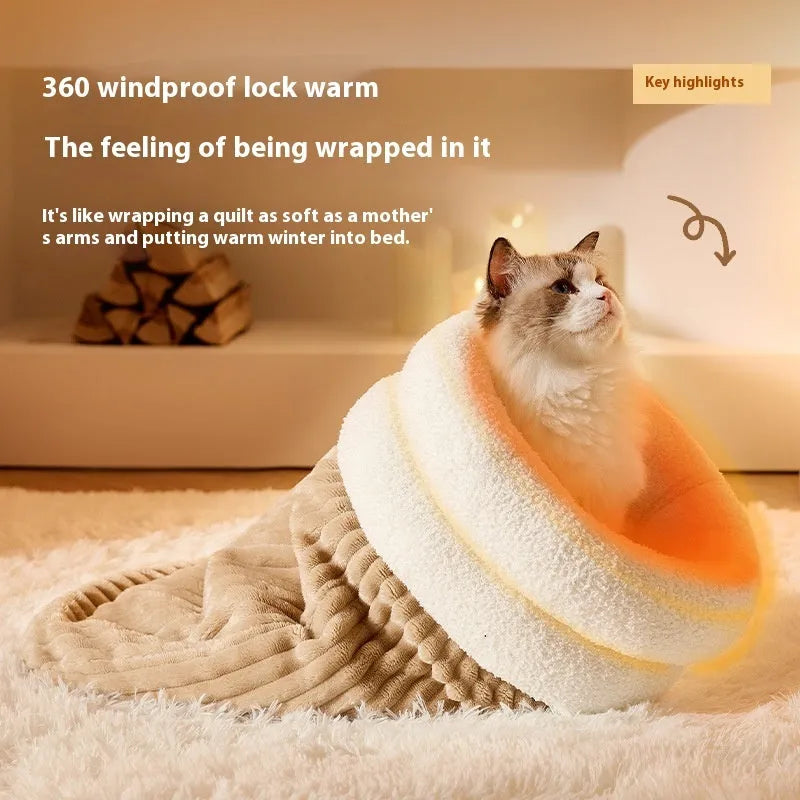 Brown semi-enclosed pet sleeping bag with lambswool insulation on wooden floor