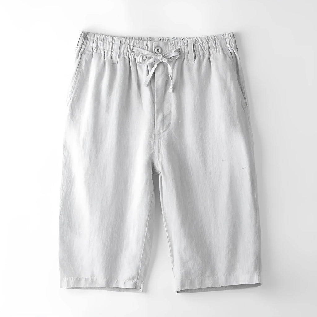 Men's loose-fit linen beach capri trousers in a straight-leg style, shown in a light colour.
