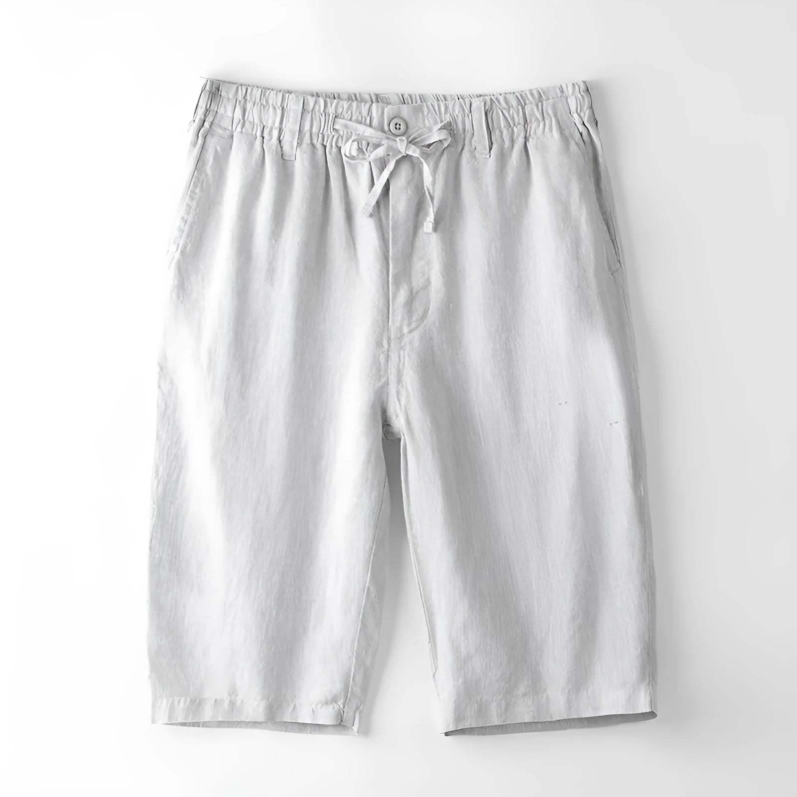 Men's loose-fit linen beach capri trousers in a straight-leg style, shown in a light colour.