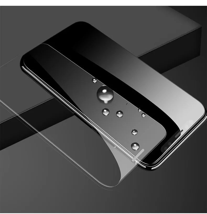 HD tempered glass screen protector for Samsung mobile phones showing full screen coverage and anti-fingerprint surface