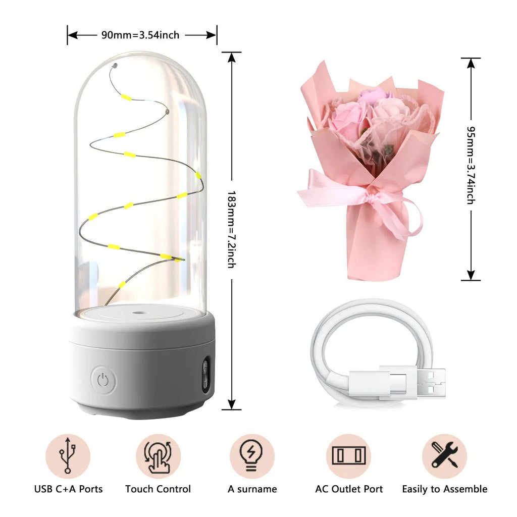 Rose-shaped LED bouquet night light with Bluetooth speaker enclosed in glass cover