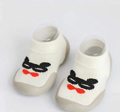 Breathable combed cotton toddler floor socks in black bow tie pattern, size M for 12.5-13.5cm feet, mesh for sweat absorption