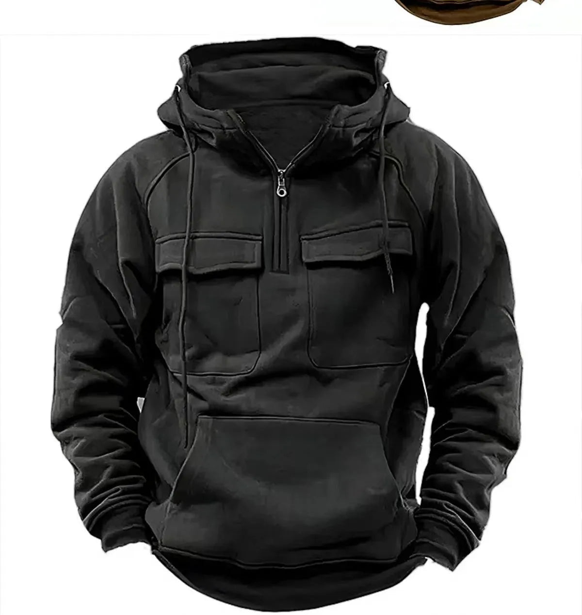 Men's zip-up hoodie sweatshirt with drawstring hood and side pockets in black