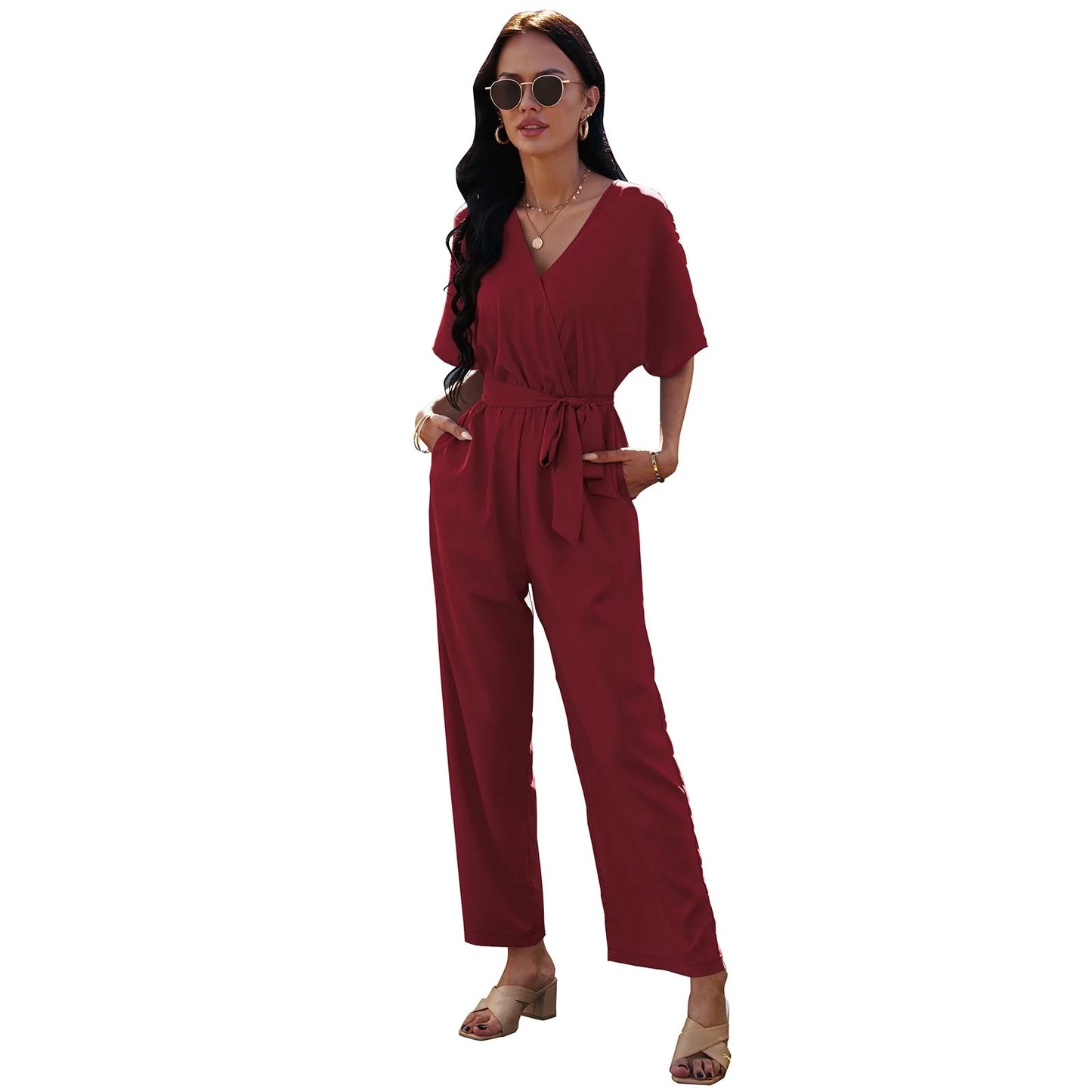 Women's V-neck tie waist jumpsuit in black, dark red, and sky blue