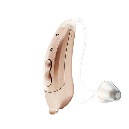 Digital sound amplifier with stealth ear back design in champagne, pearl grey, and graphite grey colour options