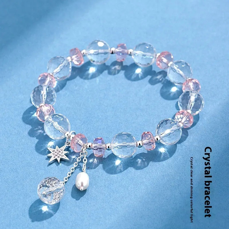 Women's white crystal bracelet with Korean-style design, electroplated finish, and lucky cat charm