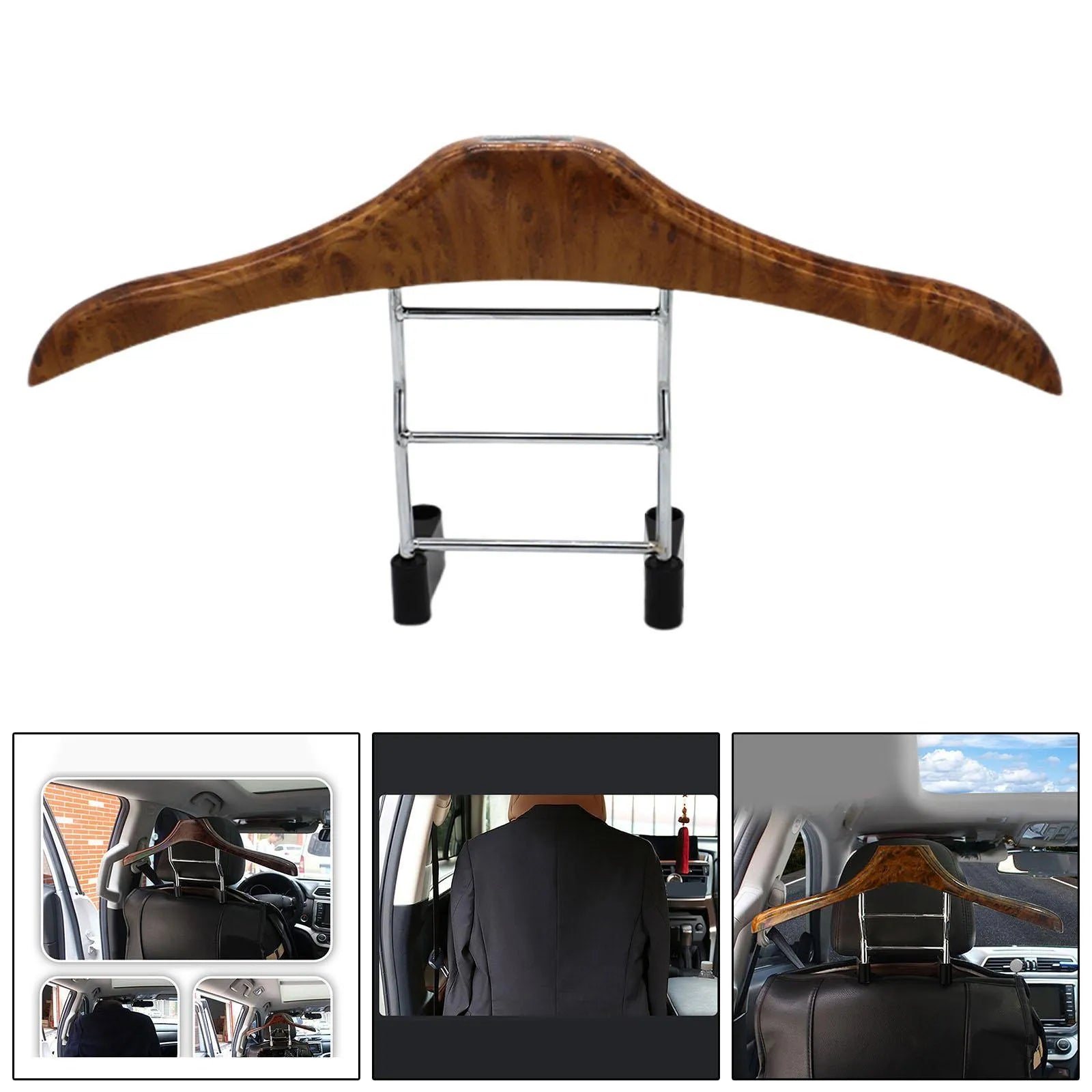 Stainless steel car clothes hanger with wood yellow finish hanging over car seat