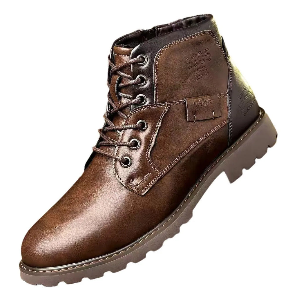 Men's brown and black side-zip ankle boots with round toe and rubber sole