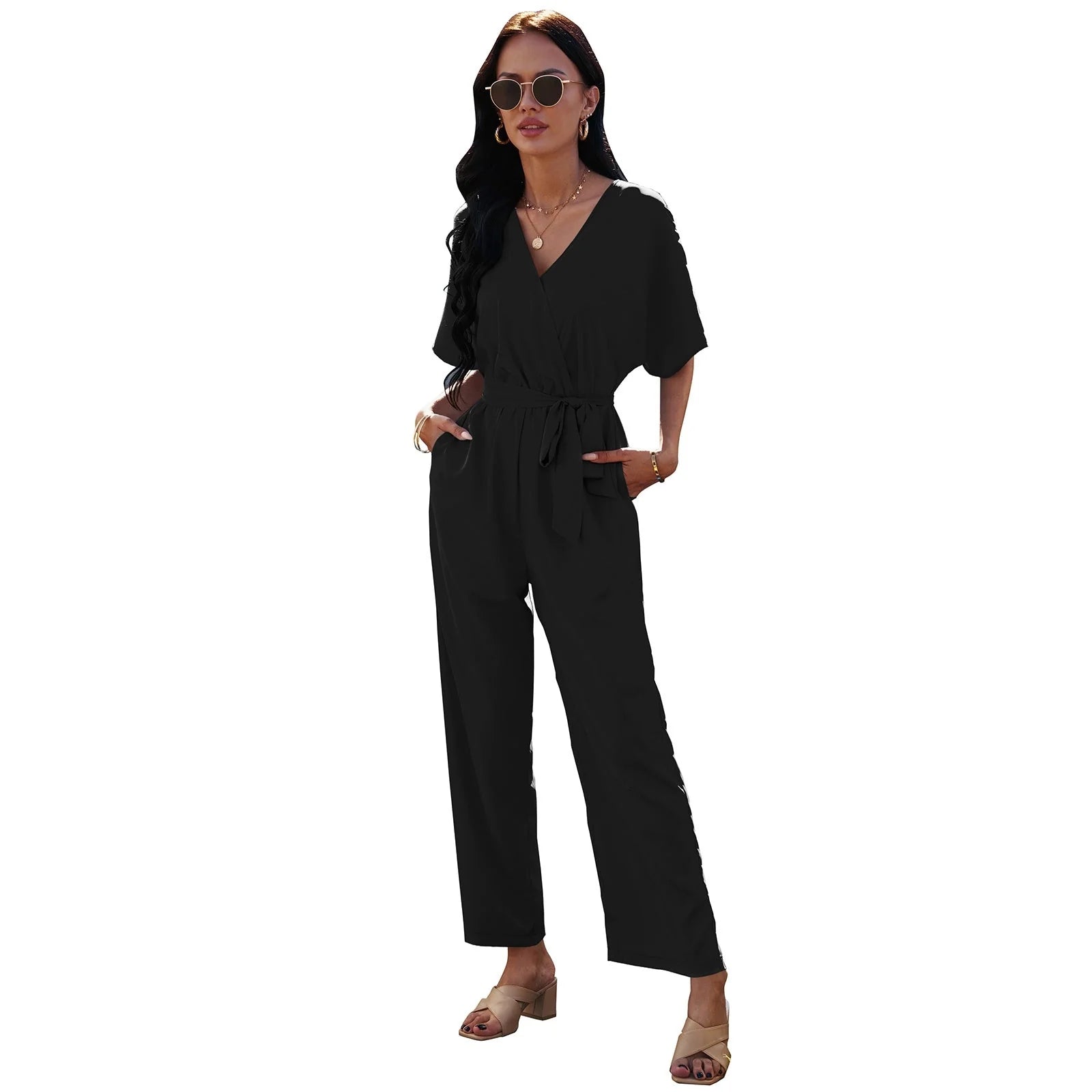 Women's V-neck tie waist jumpsuit in black, dark red, and sky blue