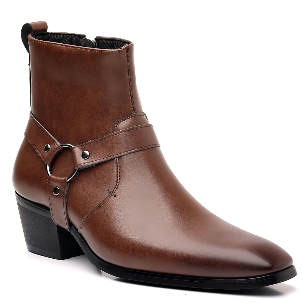 Black chain ankle boots with side zipper and horseshoe heels, square toe and rivet detailing