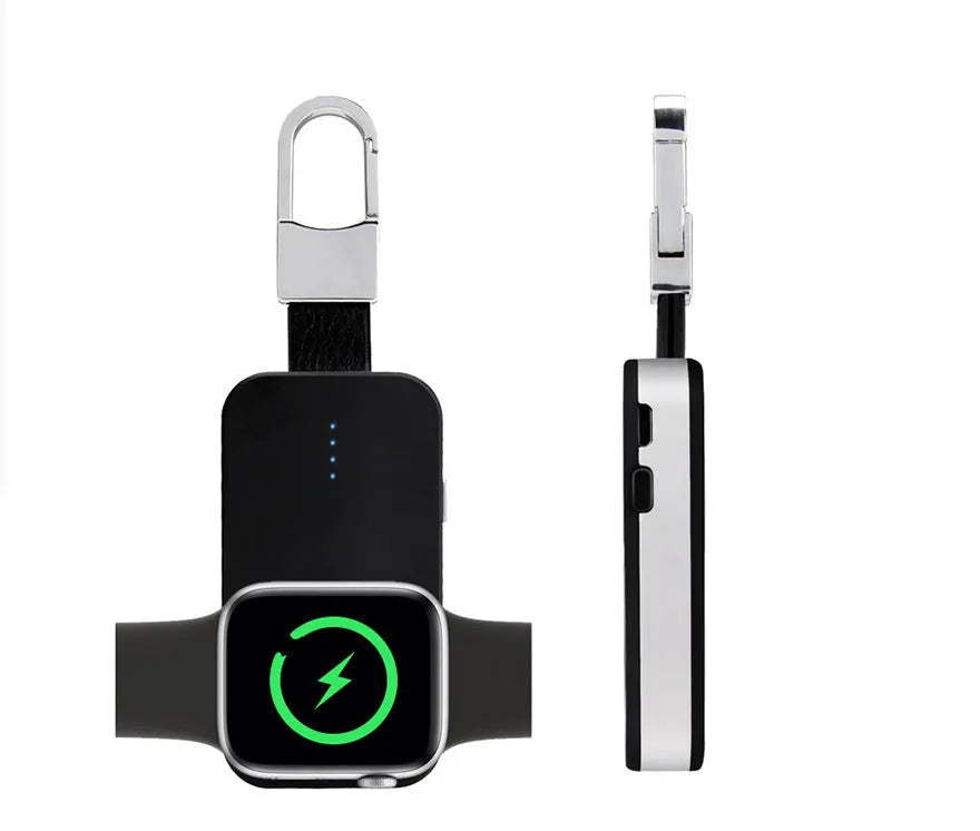 Black portable wireless power bank keychain for charging Apple Watch on a keyring.