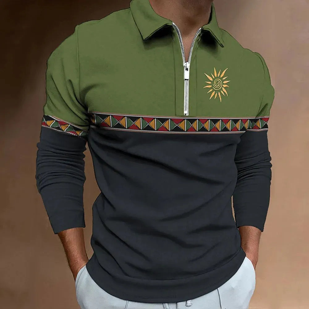 Men's retro colour print golf t-shirt with striped bird eye cloth fabric and zipper decorations