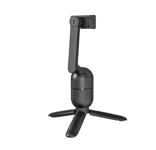 Black mobile phone bracket with face-following technology and PTZ tripod mounted on a phone