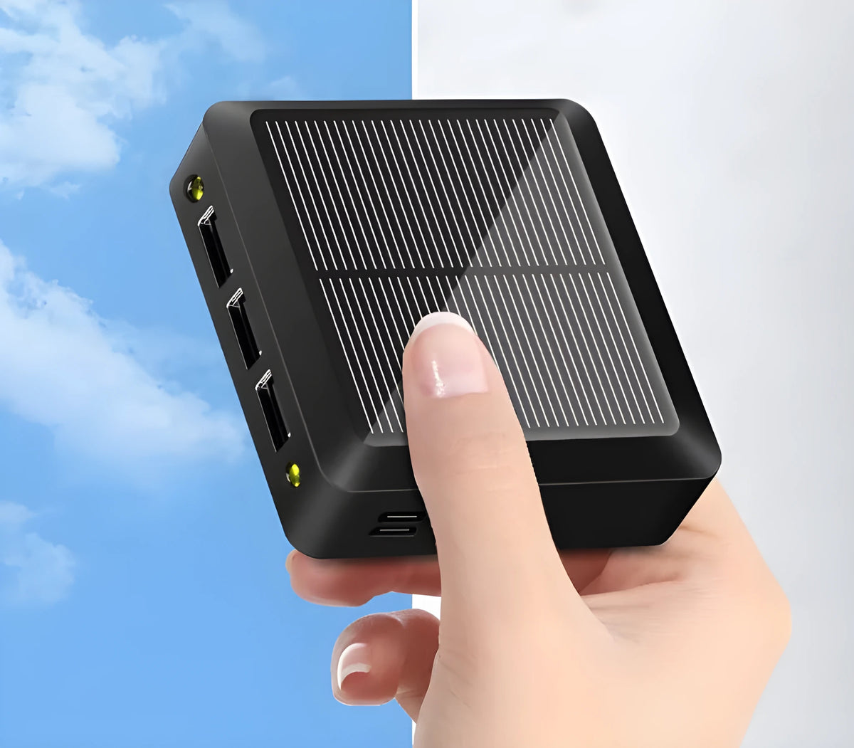 Small portable solar power bank in white plastic case with solar panel on front, 80x80x28mm
