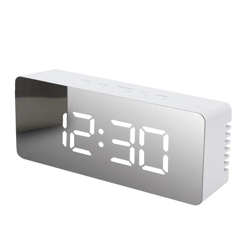 LED digital mirror desktop alarm clock with plastic shell, USB power, and mirror surface for grooming