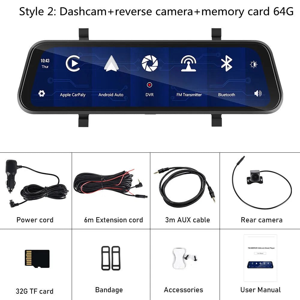 9.66-inch HD in-mirror car dash cam and video player with reverse camera and mounting brackets