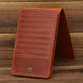 Men's cowhide card wallet with multiple slots shown open, displaying card and phone compartments.