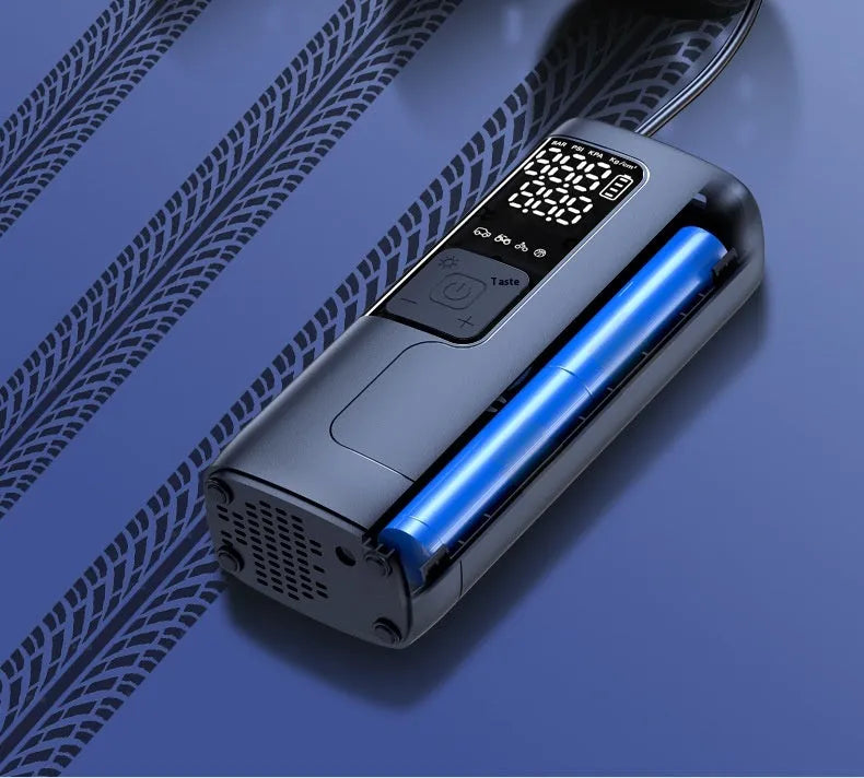 Portable car inflation tool with 5200 lithium battery, tyre pressure gauge, and warning light in an ABS casing.