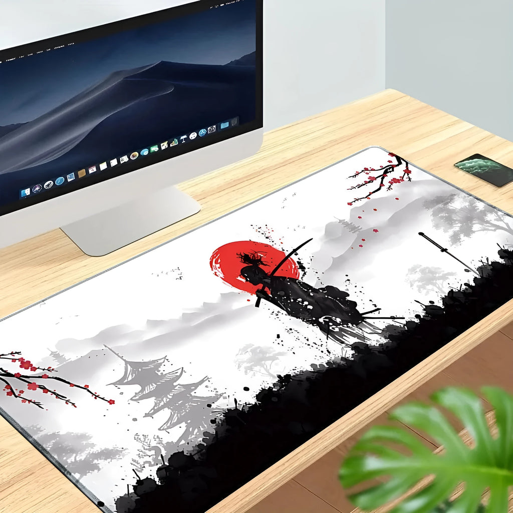 Japanese Samurai design cloth gaming mouse pad on a desk, showing non-slip base and thermal transfer print.