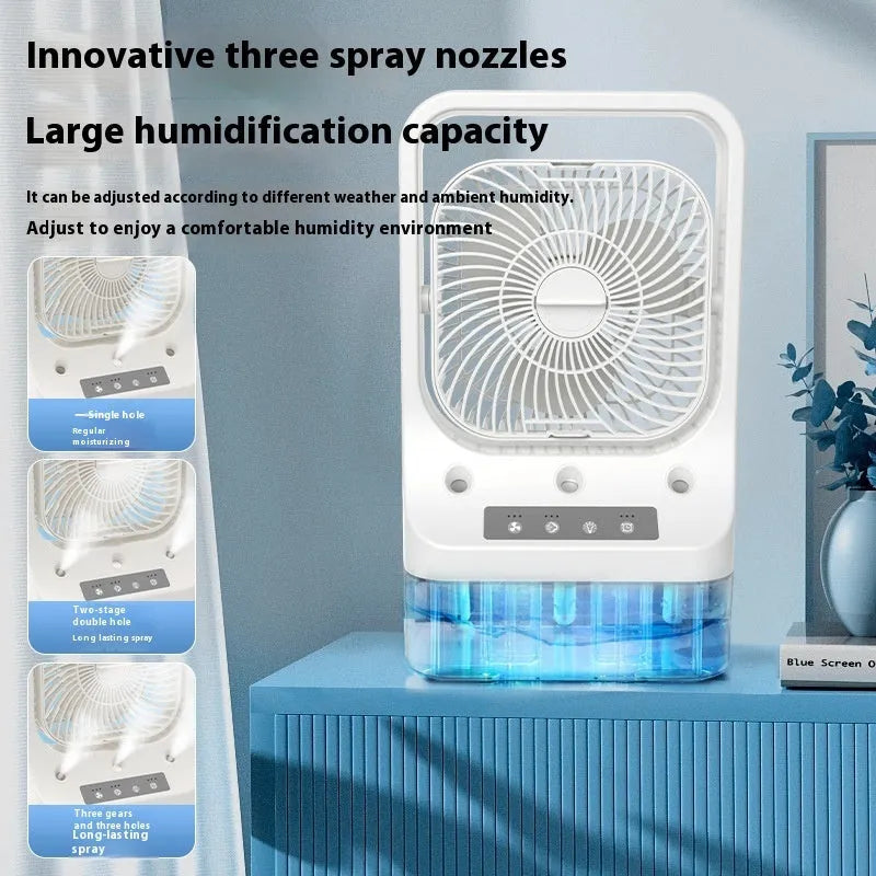 White USB rechargeable portable air cooler with adjustable head and water tank on a tabletop.