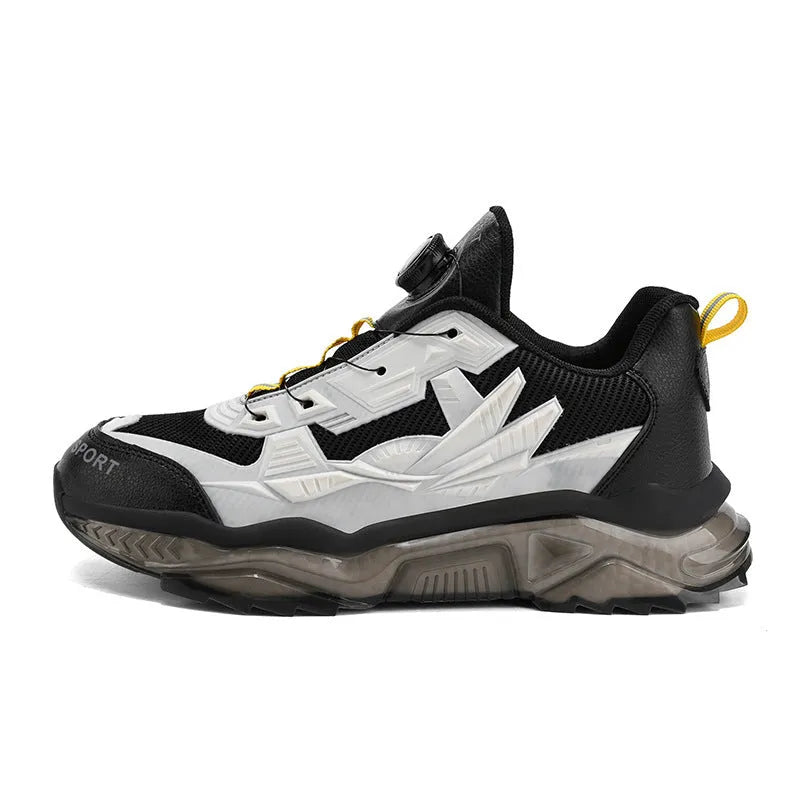 Men's black casual dad shoes with rotating button fastening and mesh upper