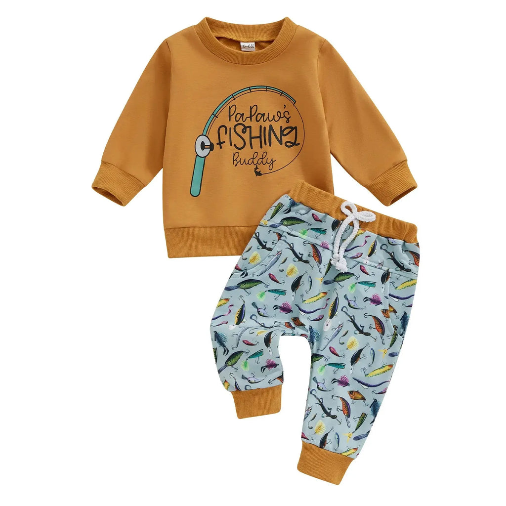 Boys cotton long sleeve top and trousers suit in animal letter print, green and orange colour options