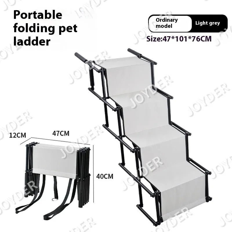 Folding stainless steel dog ladder in choice of colours showing four-step design for vehicle access