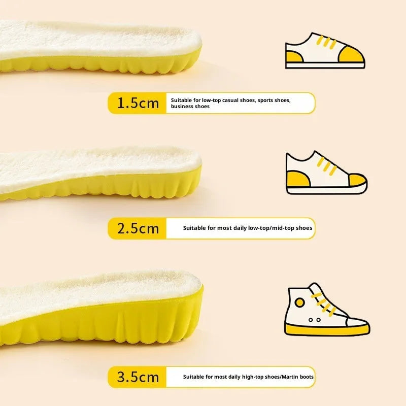 Fleece lined winter height increasing insoles in three lift heights on white background