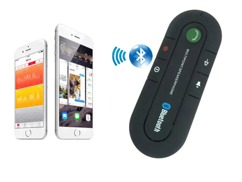 Black vehicle-mounted Bluetooth handsfree device clipped to a car sun visor with power cable.