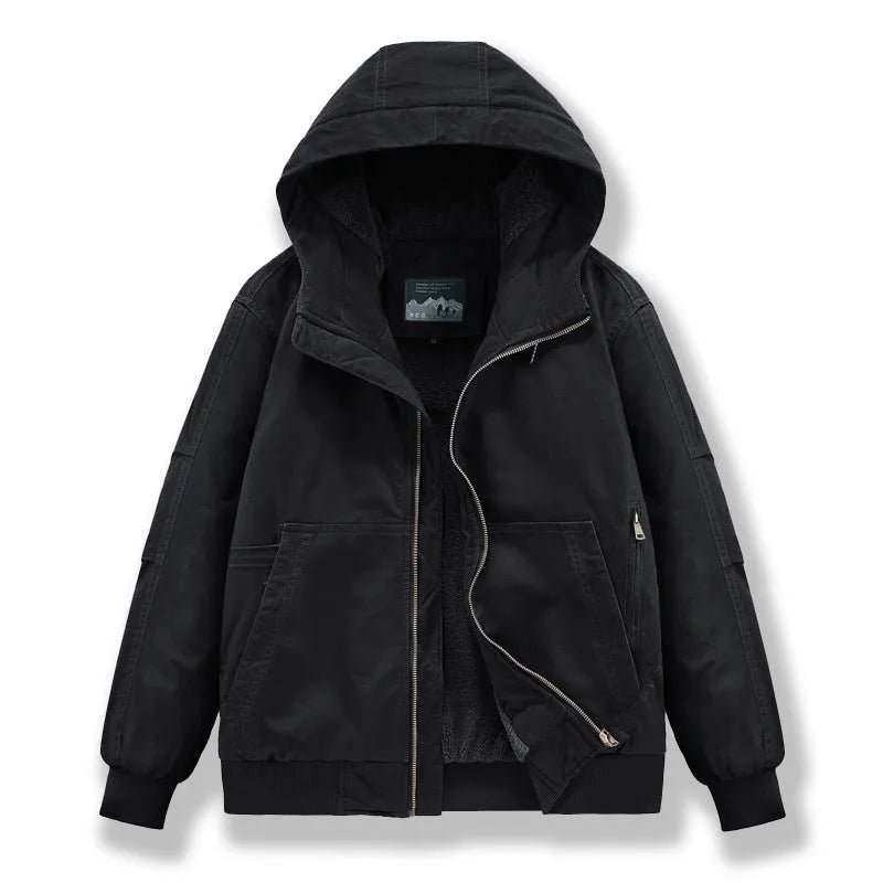 Men's cotton padded winter jacket in black with loose fit and side pockets