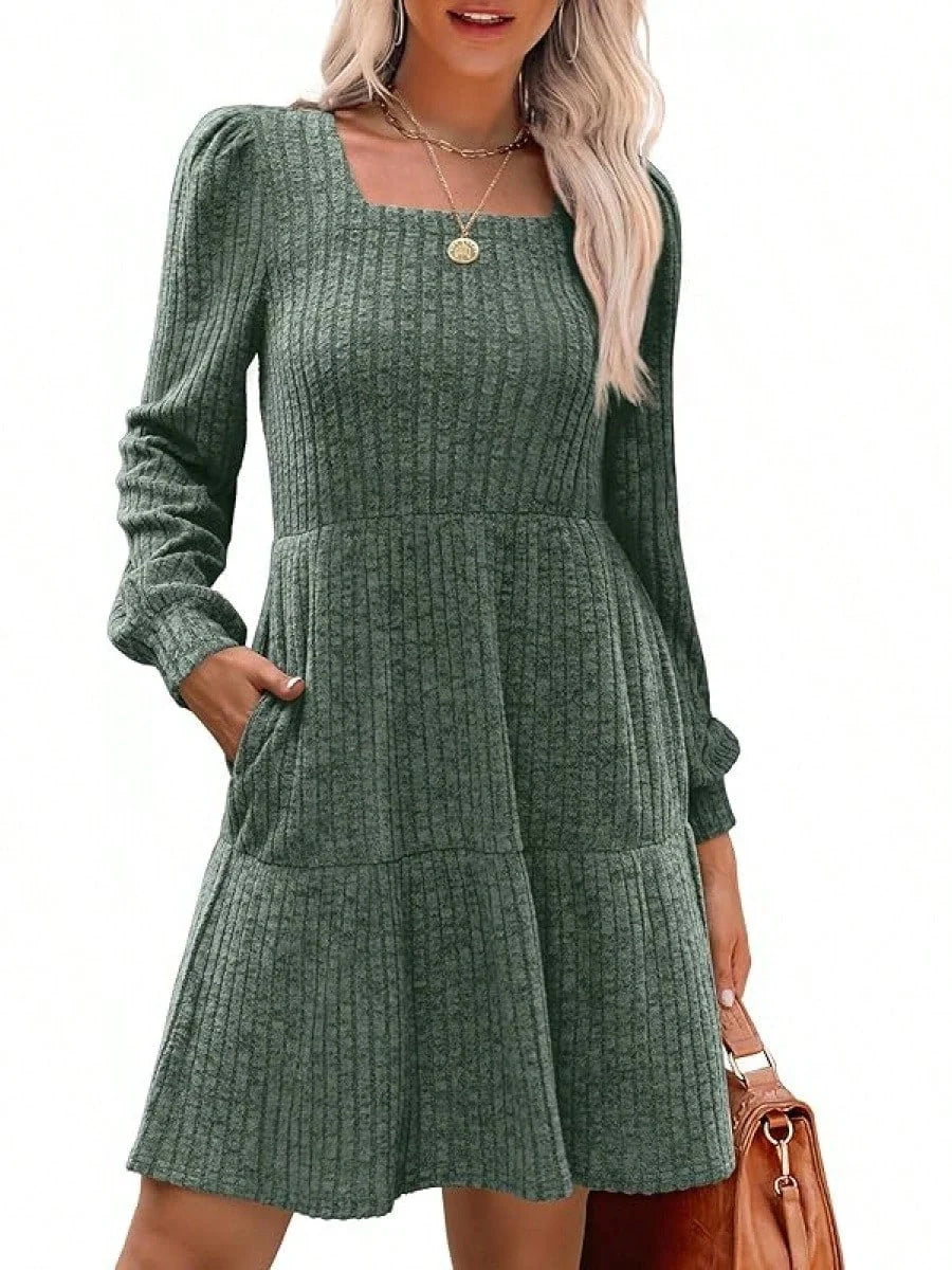 Solid colour round neck knitted dress sweater with long sleeves in various colours