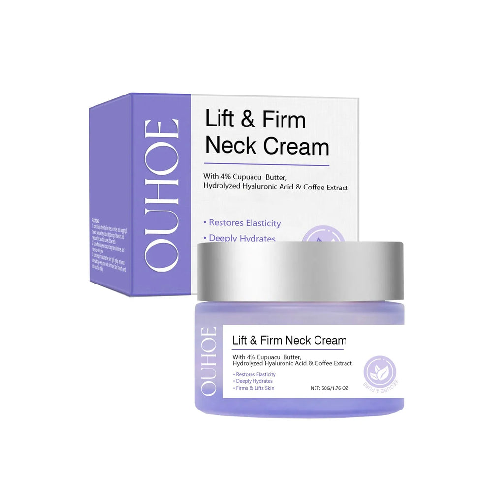 A 50g jar of neck skin cream for moisturising and firming, showing the compact 6x6x3.8 cm size.