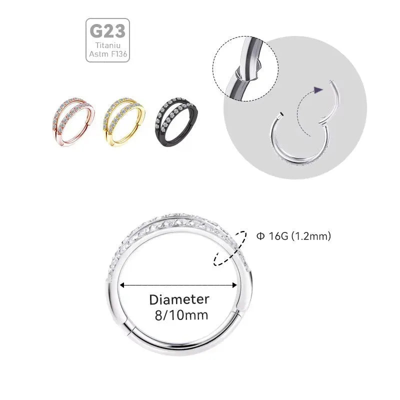 Titanium alloy nose ring with G23 purity and diamond-treated zircon surface in gold or steel colour
