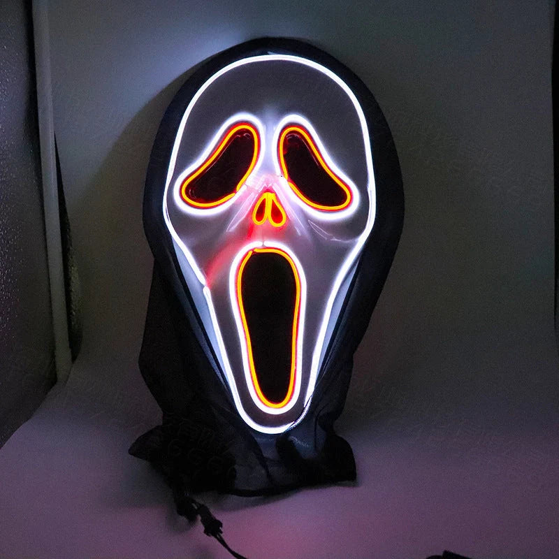 Halloween Scary Skull LED Glowing Screaming Mask with white shell and ice blue lighting