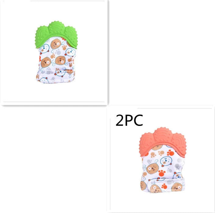 Baby silicone molar teething gloves in various colours with secure Velcro strap