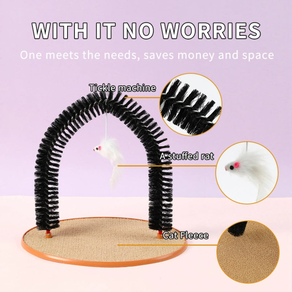 Black arch-shaped cat grooming brush with attached plush mouse toy on non-slip scratching base