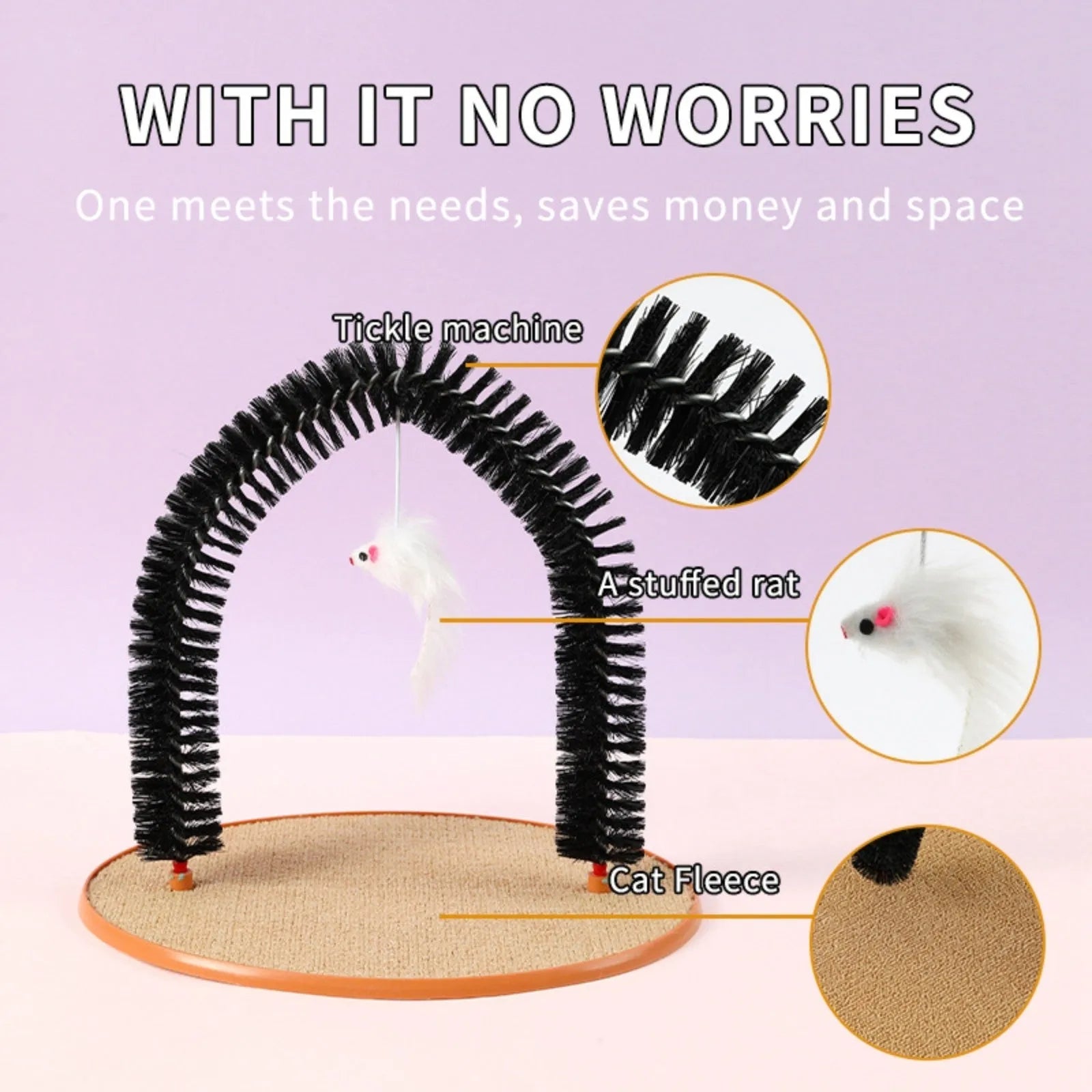 Black arch-shaped cat grooming brush with attached plush mouse toy on non-slip scratching base