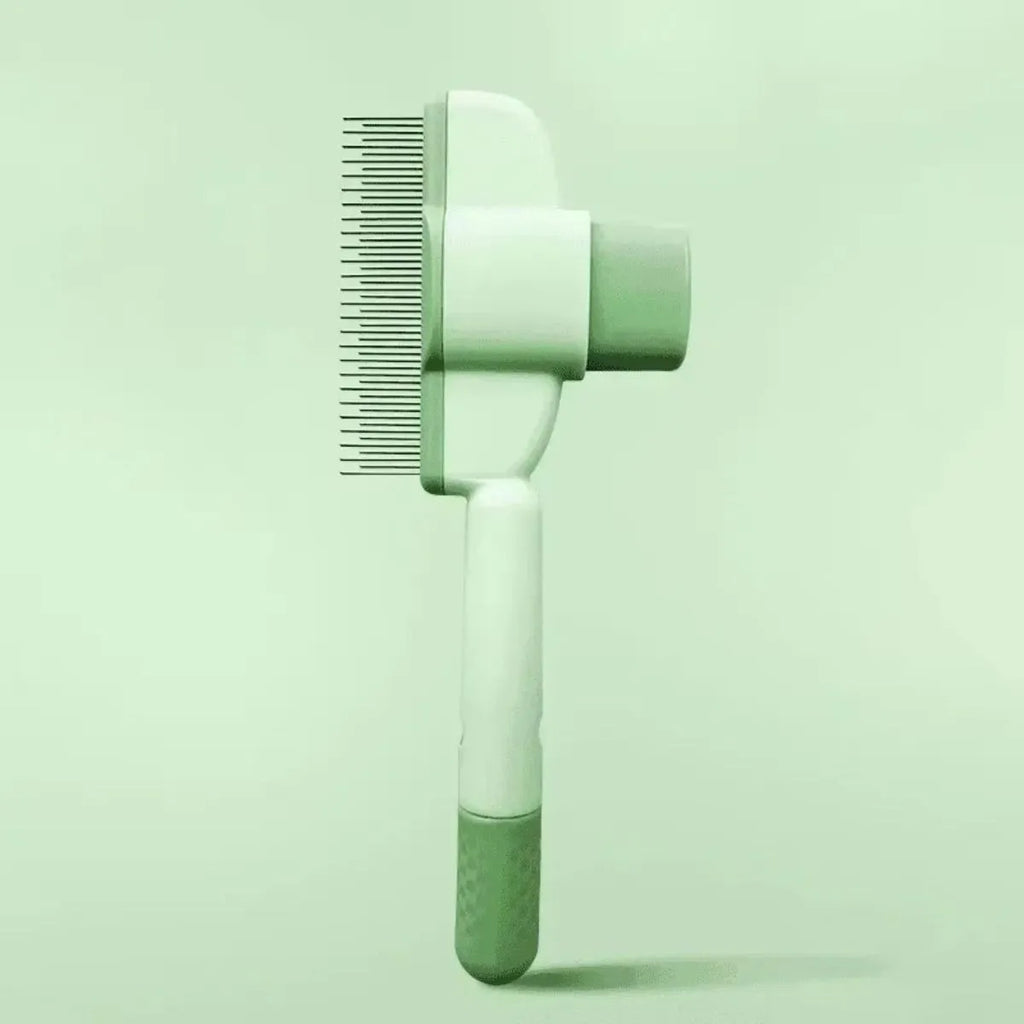 Green and yellow pet grooming brush for dogs with one-click hair removal system