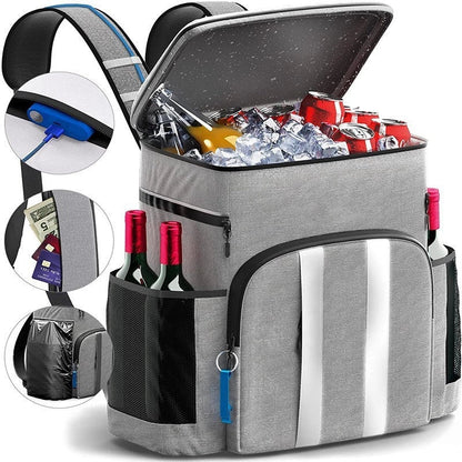 Large capacity refrigerated picnic backpack in grey and black