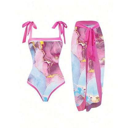 Women's printed sheath swimsuit with matching skirt for swimming activities