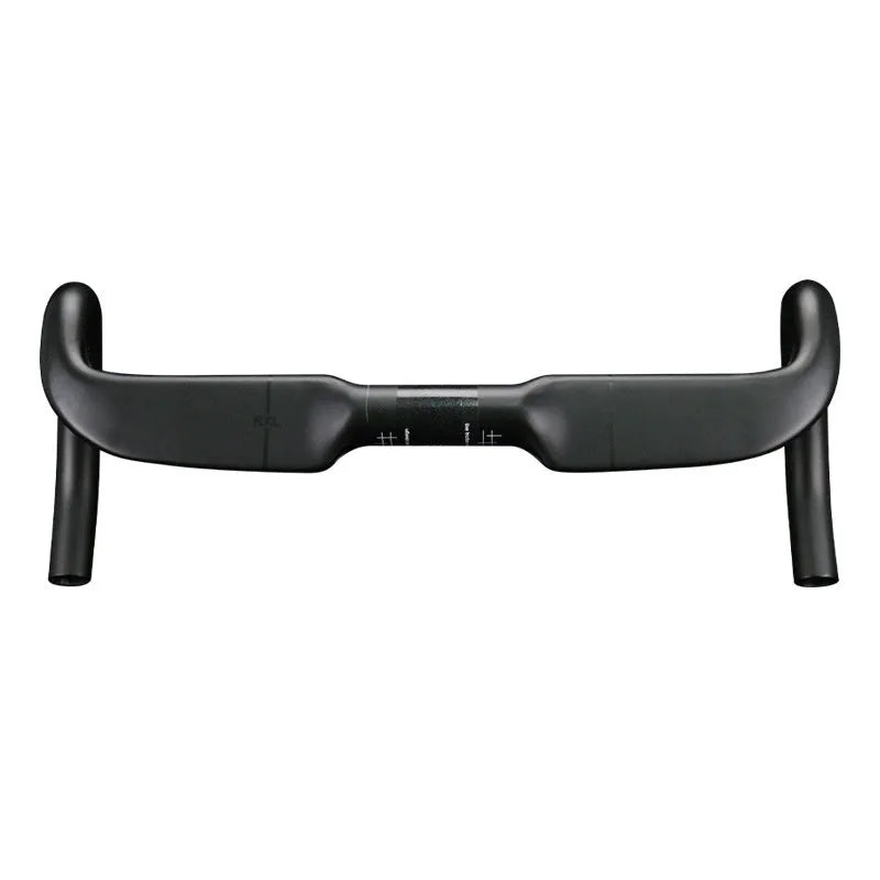 Carbon fibre road bicycle handlebar showing red double-line graphic on a black background.