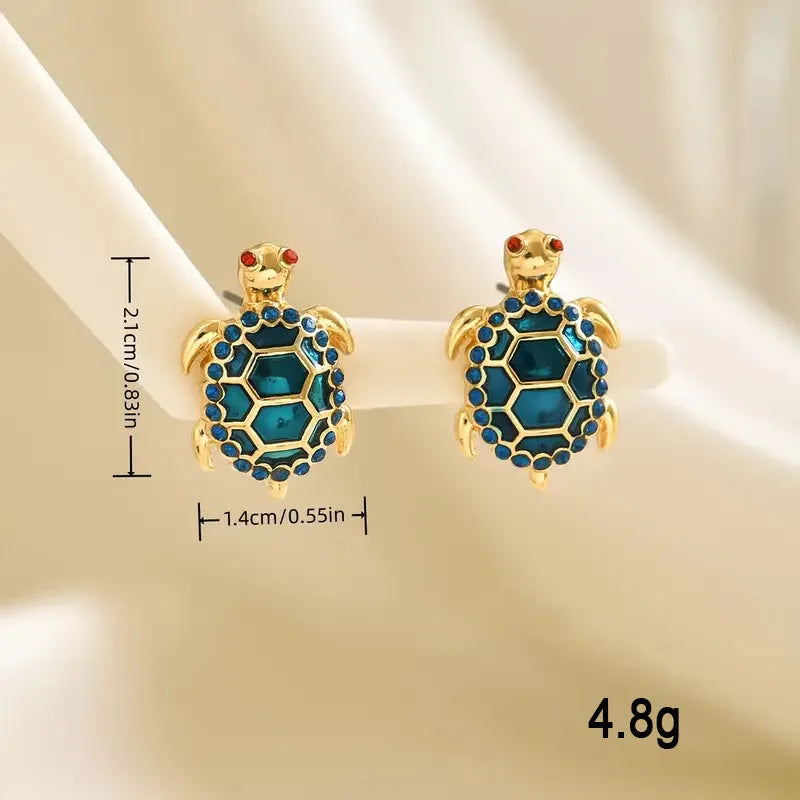Turtle stud earrings retro design electroplated zinc alloy jewellery gold blue colour earrings for women