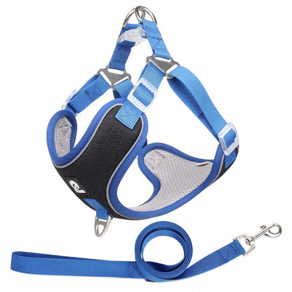 Adjustable breathable mesh dog harness with reflective piping in various colors