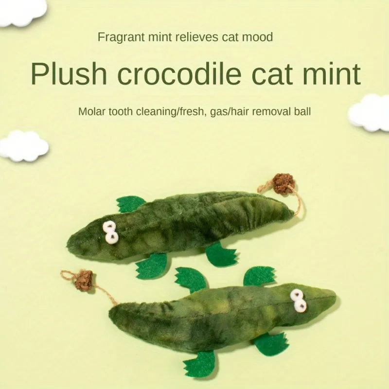 Green plush alligator catnip toy approximately 30 cm long with natural catnip filling and peppermint scent