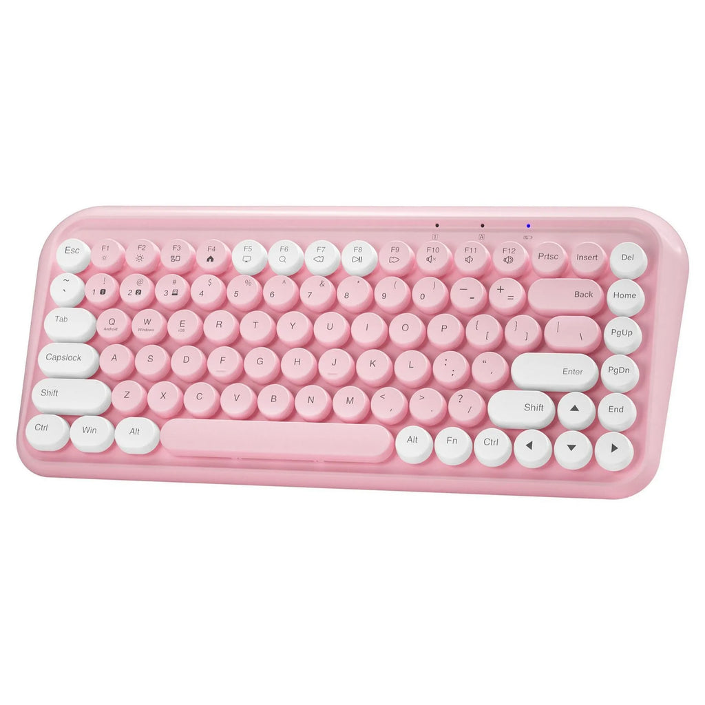Pink Bluetooth wireless keyboard with 84 keys measuring 339mm wide