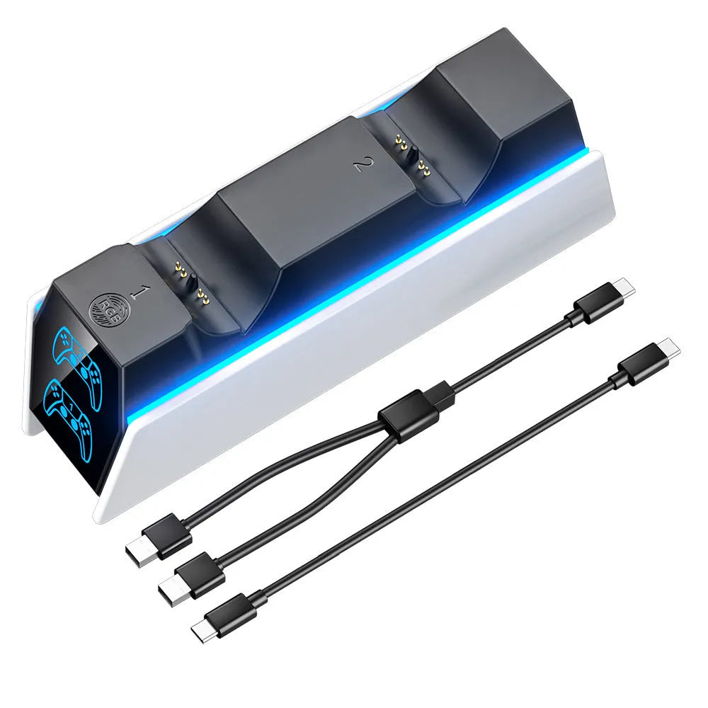 White PS5 wireless Bluetooth handle charger with LED indicator and RGB lighting on a desk